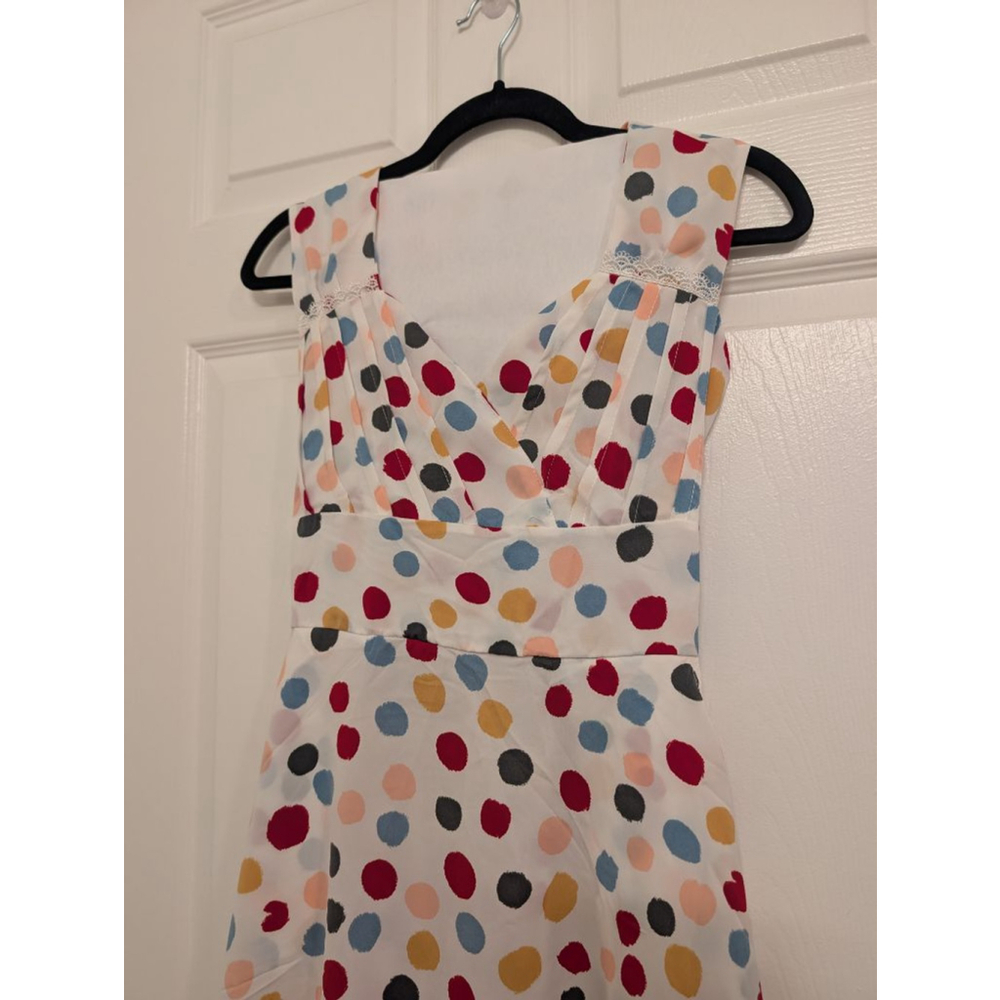 Vintage-Inspired Multi-Color Polka Dot A-Line Midi Dress Fun Rainbow Teacher - Picture 3 of 8